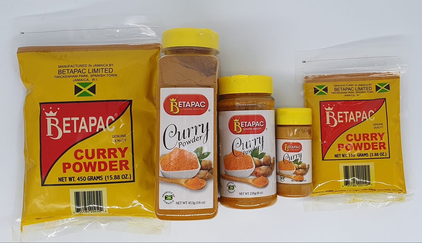 The five retail packages of Betapac Curry Powder.