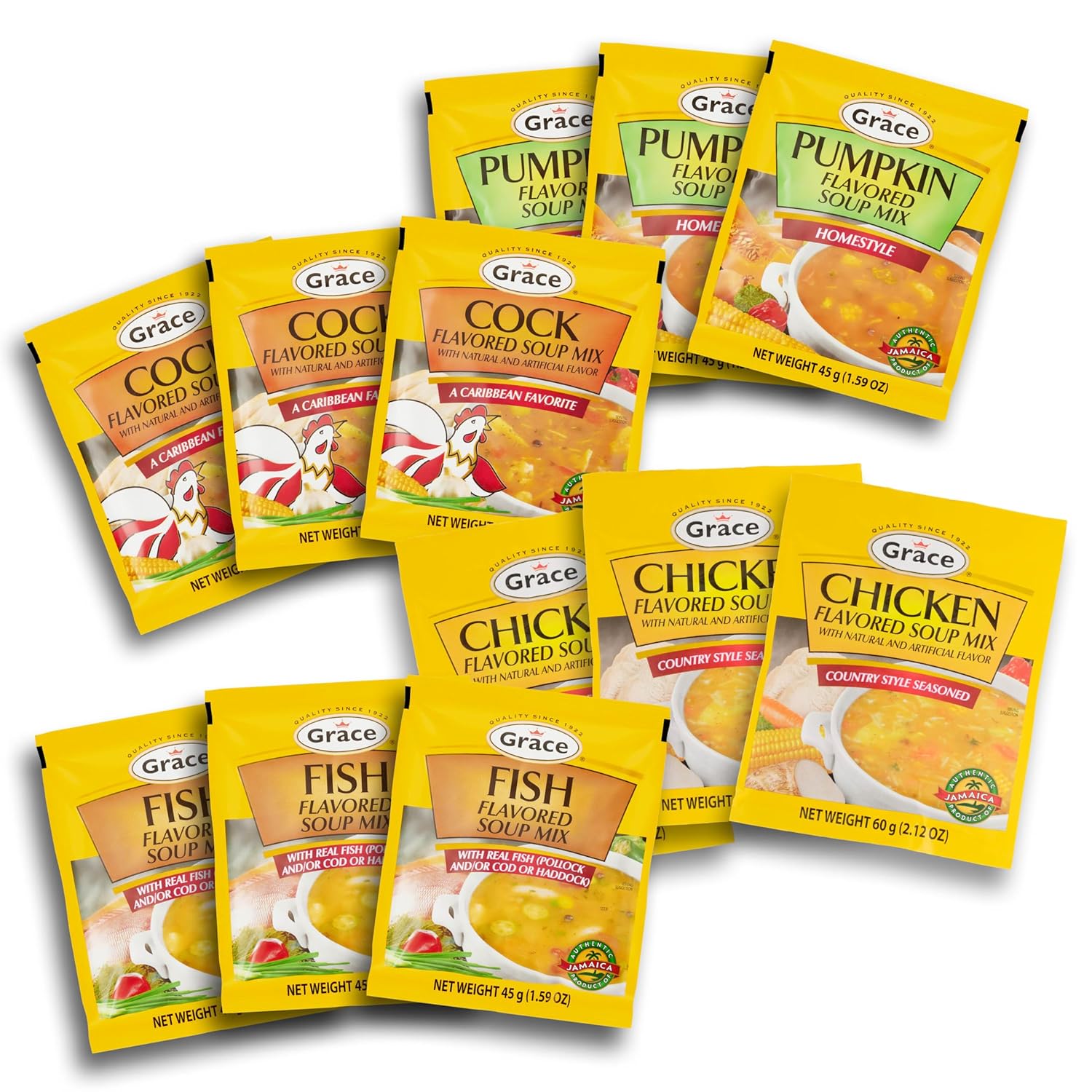 Assorted packages of Grace flavored soup mix on a white background