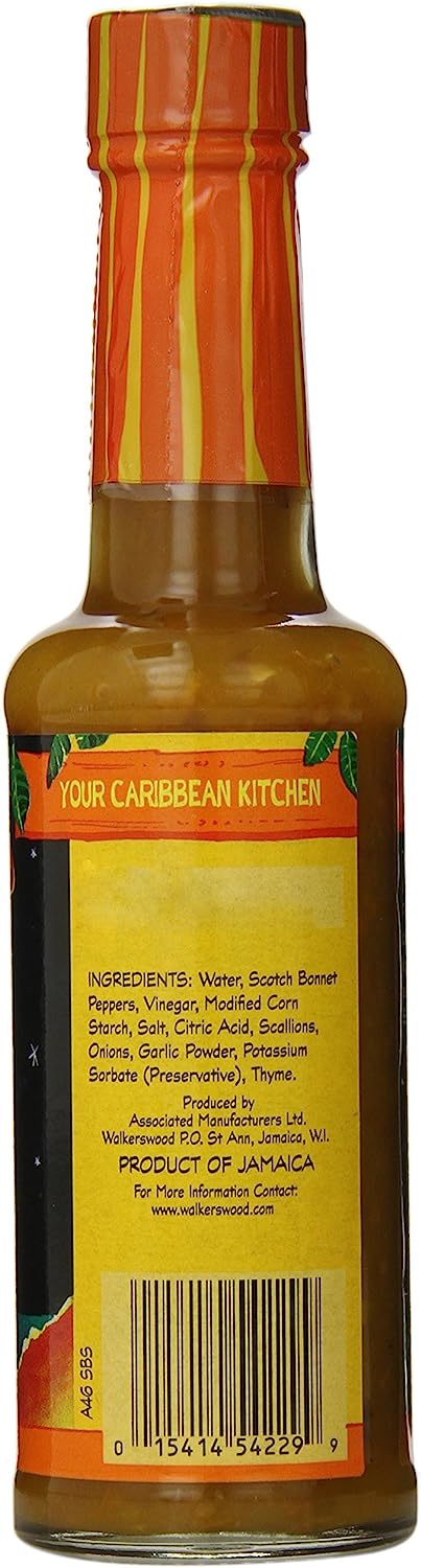 Walkerswood Scotch Bonnet Pepper Ingredients
Water, Scotch bonnet peppers, vinegar, modified corn starch, salt, Citric acid scallion, onions, garlic powder , Xanthan Gum, Potassium sorbate (preservative), thyme