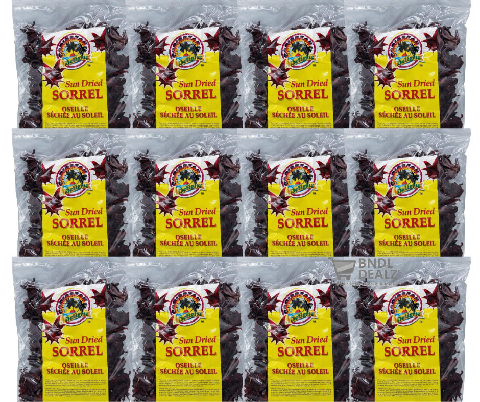 Twelve-pack Caribbean Delight sun dried sorrel hibiscus 100g—bulk authentic Caribbean drink ingredient available online across Canada.
