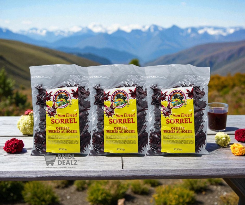 Three packs of Caribbean Delight sun dried sorrel hibiscus 100g on outdoor table—premium drink ingredient available online across Canada.