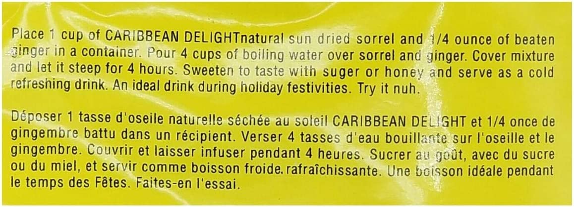 Caribbean Delight Sun Dried Sorrel preparation instructions in English and French, showing how to brew authentic Jamaican sorrel drink with ginger, sugar, or honey. Ideal for festive occasions and Canadian shoppers seeking traditional Caribbean beverage recipes.