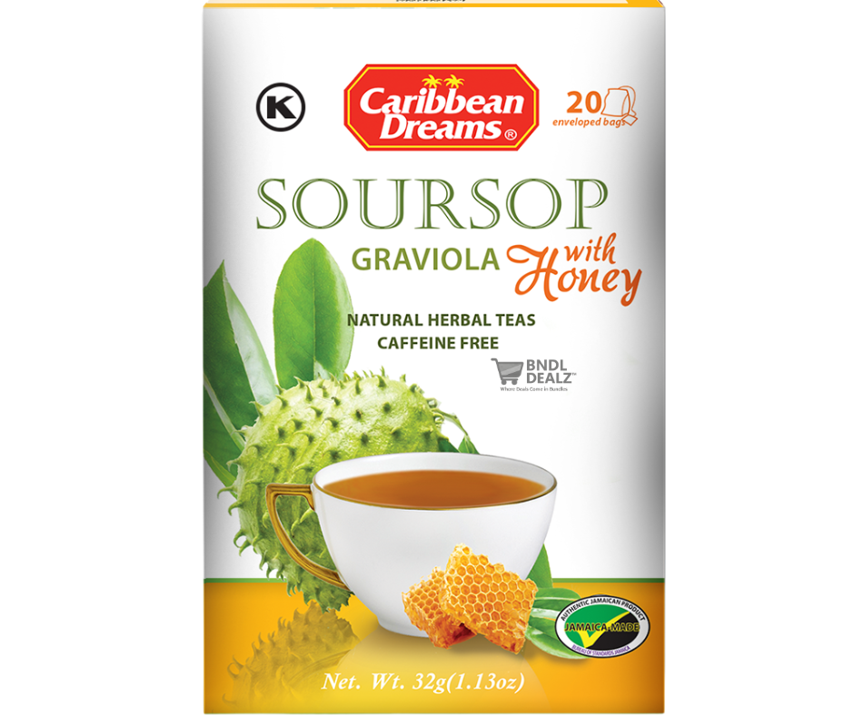 Caribbean Dreams Soursop Graviola Tea with Honey – 20 Herbal Tea Bags – Caffeine Free Jamaican Tea – Immune Support Wellness Drink – Available in Canada & USA
