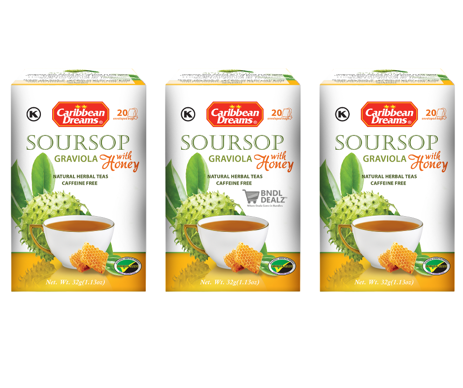 Caribbean Dreams Soursop Graviola Tea with Honey 20 Bags – 3 Pack – Natural Herbal Caffeine-Free Tea Sold in Canada & USA by BNDLDEALZ