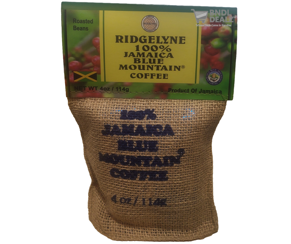 Ridgelyne 100% Jamaica Blue Mountain Coffee 4oz burlap bag—premium roasted beans available online across Canada