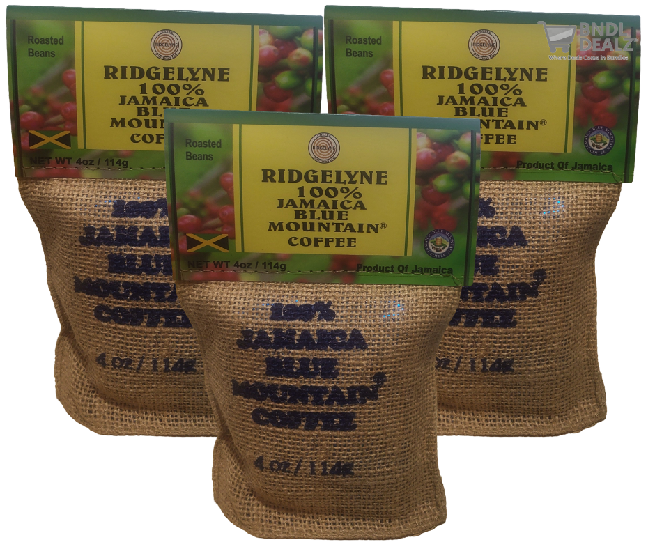 Three-pack Ridgelyne 100% Jamaica Blue Mountain Coffee 4oz burlap bags—premium roasted gourmet beans available online across Canada.