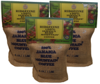 Three-pack Ridgelyne 100% Jamaica Blue Mountain Coffee 4oz burlap bags—premium roasted gourmet beans available online across Canada.