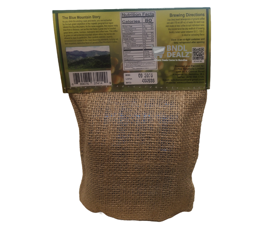 Back of Ridgelyne 100% Jamaica Blue Mountain Coffee 4oz burlap bag—nutrition facts, brewing directions and premium Jamaican roasted beans available across Canada.