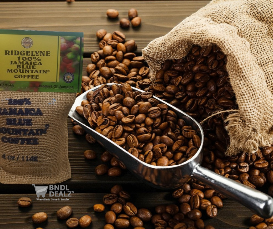 Ridgelyne 100% Jamaica Blue Mountain Coffee 4oz burlap bag with fresh roasted beans—premium gourmet coffee available online across Canada.