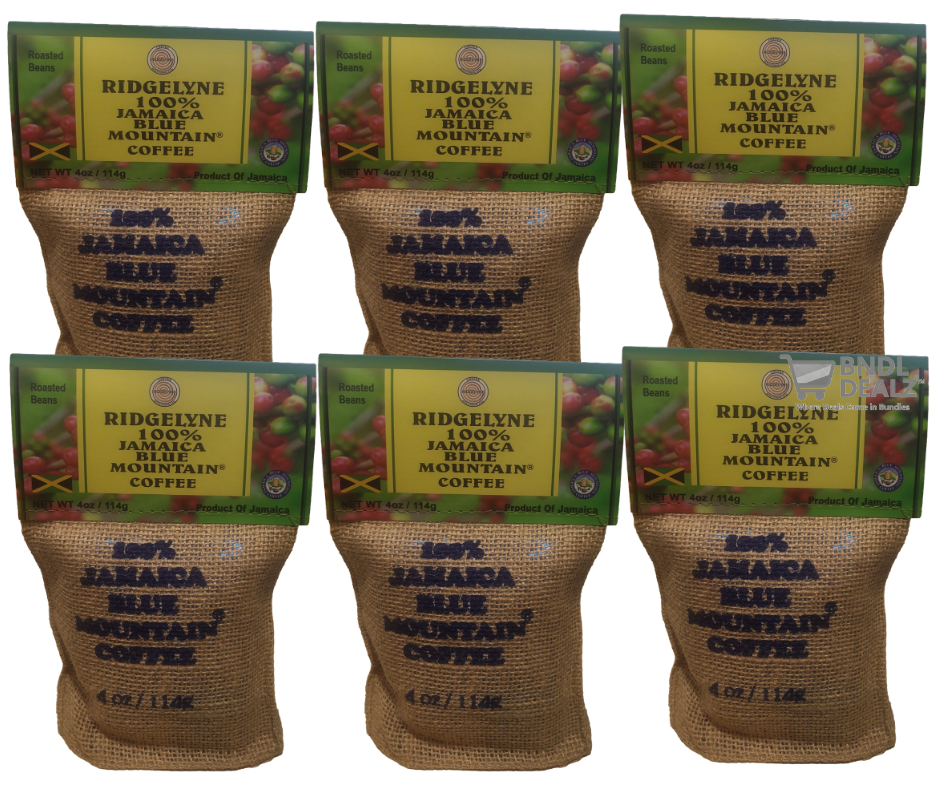 Six-pack Ridgelyne 100% Jamaica Blue Mountain Coffee 4oz burlap bags—premium roasted beans available online across Canada.
