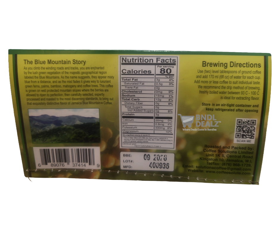 Back label of Ridgelyne 100% Jamaica Blue Mountain Coffee 4oz—nutrition facts, brewing directions and premium Jamaican coffee details available online across Canada.