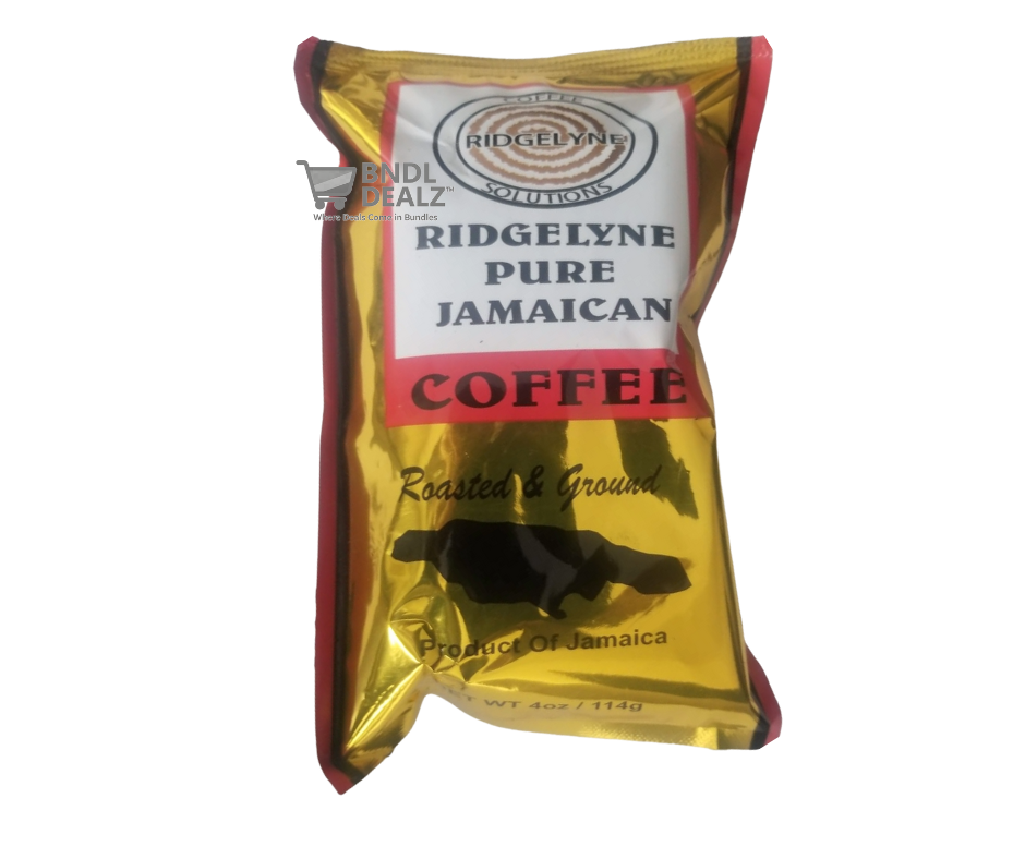 Ridgelyne Pure Jamaican Coffee 4oz roasted and ground in gold packaging—authentic Jamaican coffee available online across Canada