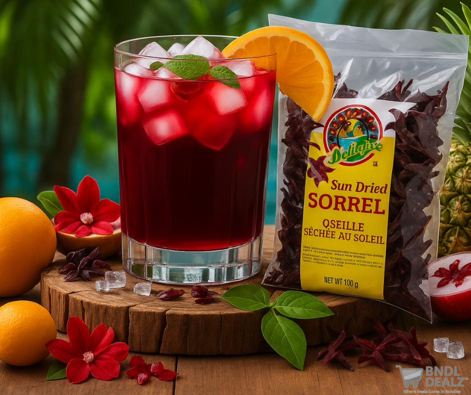 Refreshing Caribbean sorrel hibiscus drink with ice, orange slice, and sun-dried sorrel petals—premium beverage ingredients available in Canada.