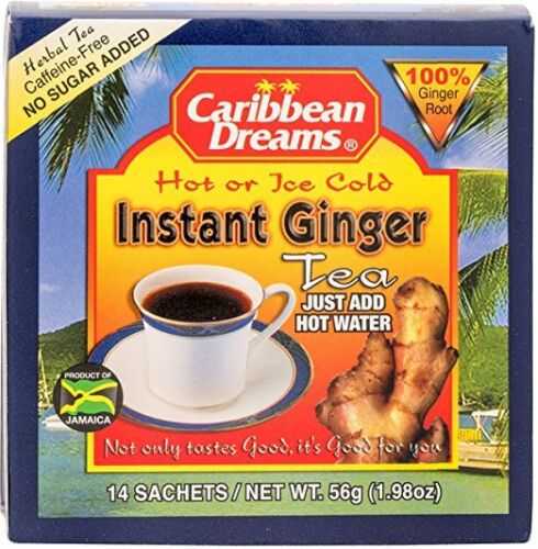 Caribbean Dreams Instant Ginger Tea Un-Sweetened 14 Sachets, Herbal Tea, Caffeine Free, No Sugar Added