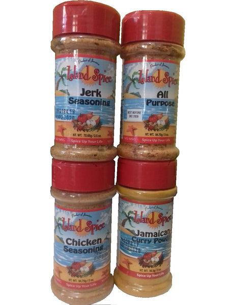 Island Spice Variety - Jerk Seasoning, All Purpose Seasoning, Chicken Seasoning and Curry Powder 2 oz (1 of each)